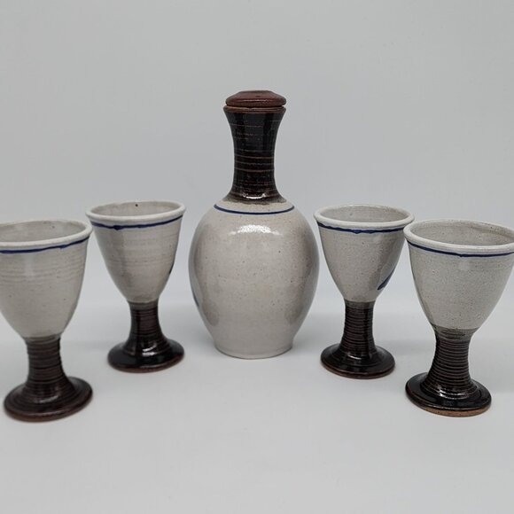 Studio Pottery Decanter and 4 Cups Blue Flowers Backstamped Fish VTG - Picture 6 of 11